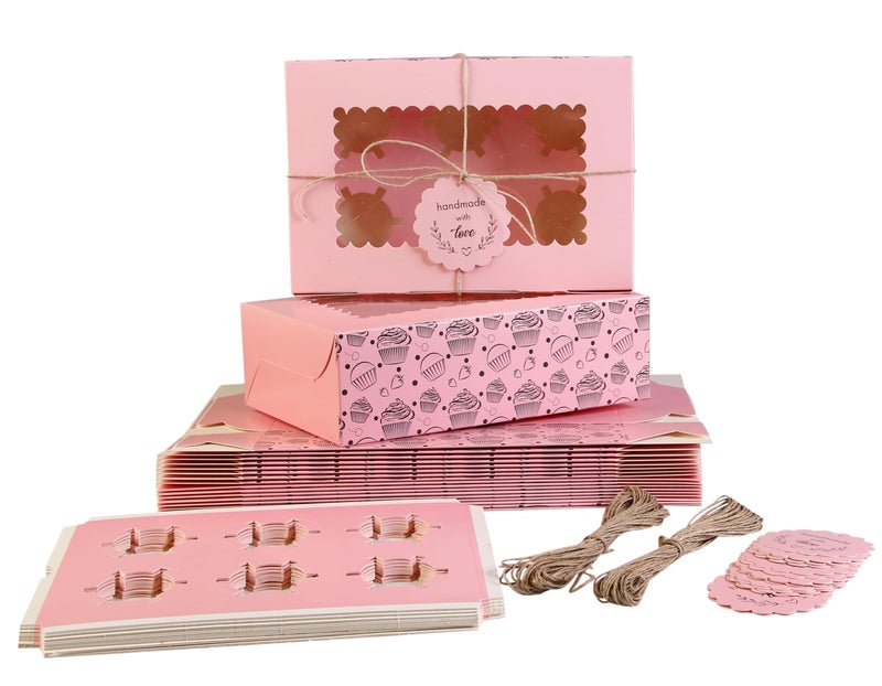 mudrit Cupcake Boxes with Insert trays (Pack of 20), Pink Cupcake Carrier, Food Grade Bakery Boxes with Windows and Inserts to Fit 6 Cupcakes Muffins or Pastries - Image 1