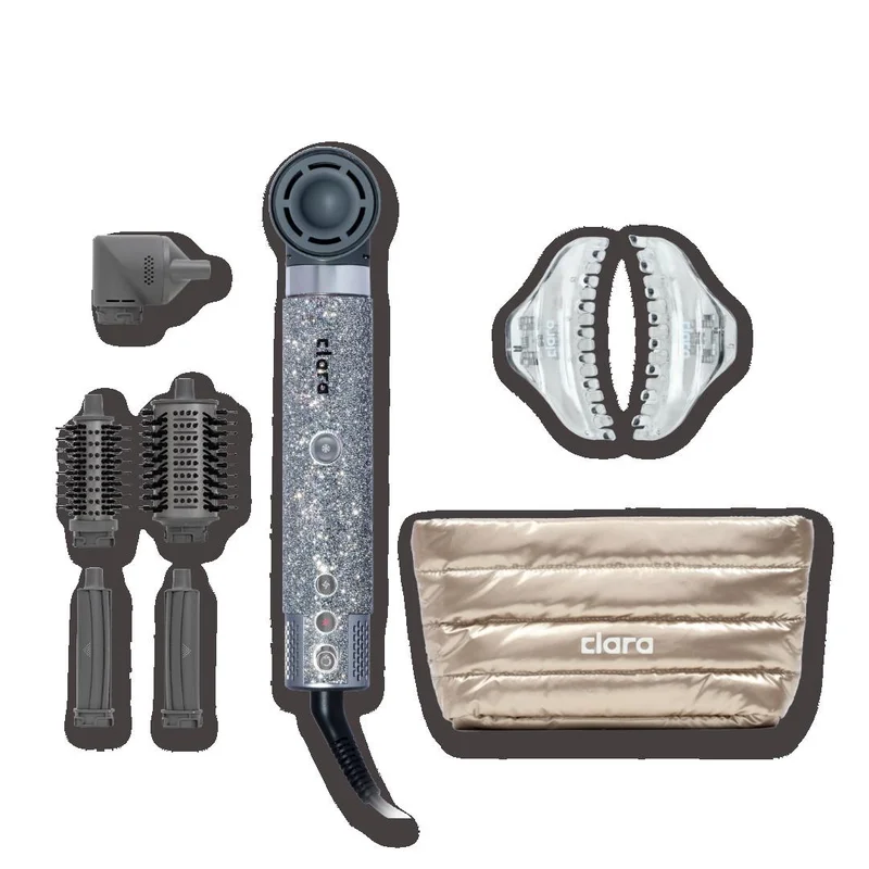 CLARA The Sparkle & Style Diamond Silver Bundle – Diamond Silver 6-in-1 Multi Styler for Curling, Drying & Salon Blowouts with Strong Hold Hair Clips Set & Metallic Gold Padded Toiletry Bag