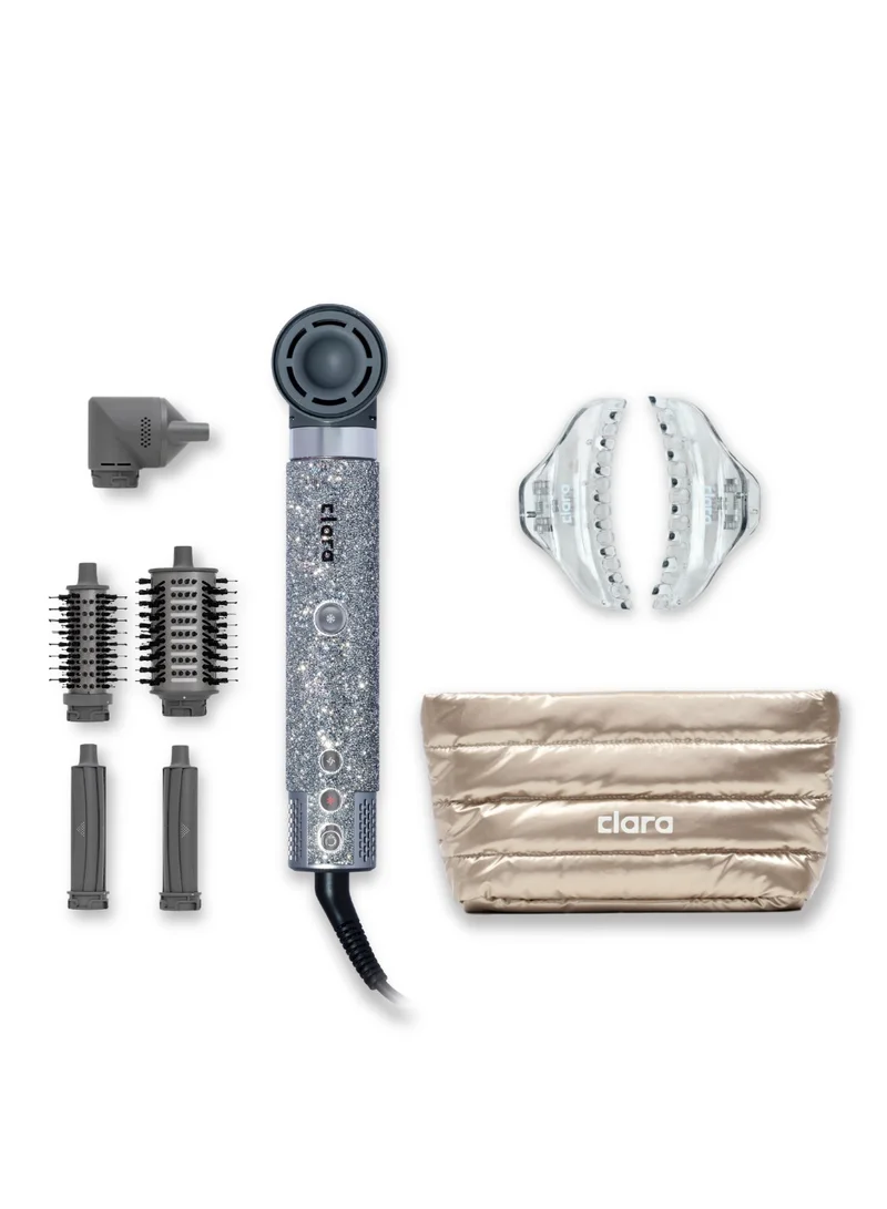 كلارا The Sparkle & Style Diamond Silver Bundle – Diamond Silver 6-in-1 Multi Styler for Curling, Drying & Salon Blowouts with Strong Hold Hair Clips Set & Metallic Gold Padded Toiletry Bag