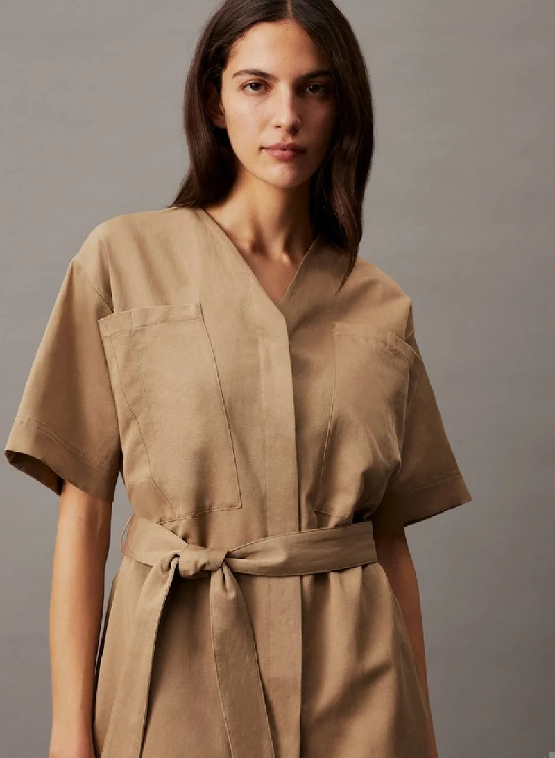 CALVIN KLEIN Oversized Linen Belted Shift Dress