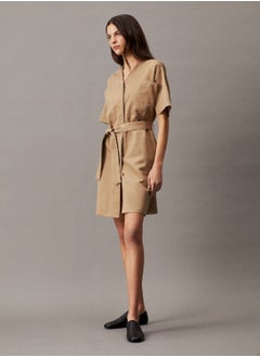 CALVIN KLEIN Women's Oversized Linen Belted Shift Dress -  cotton linen blend, Grey  - Image 1