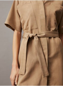 CALVIN KLEIN Women's Oversized Linen Belted Shift Dress -  cotton linen blend, Grey  - Image 3