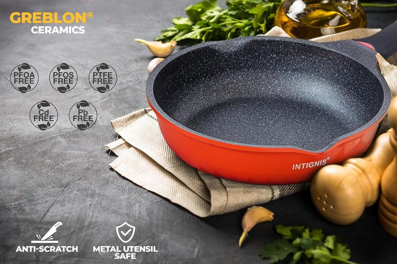 INTIGNIS Deep Frying Pan with Anti-Scratch Glass Lid, 28 cm, German Greblon Stone Coating – Chemical Free Induction Frying Pan (Orange) - Image 5