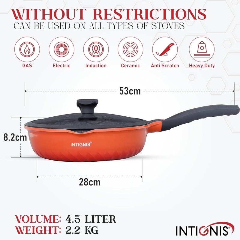 INTIGNIS Deep Frying Pan with Anti-Scratch Glass Lid, 28 cm, German Greblon Stone Coating – Chemical Free Induction Frying Pan (Orange) - Image 2
