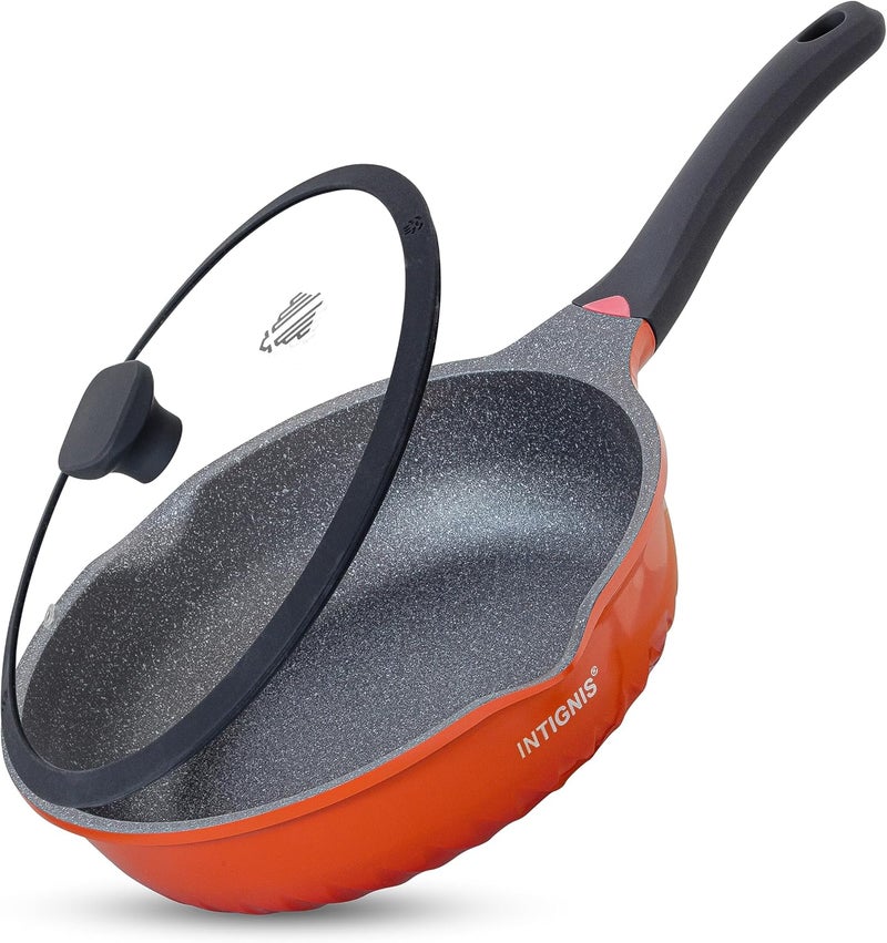 INTIGNIS Deep Frying Pan with Anti-Scratch Glass Lid, 28 cm, German Greblon Stone Coating – Chemical Free Induction Frying Pan (Orange) - Image 1