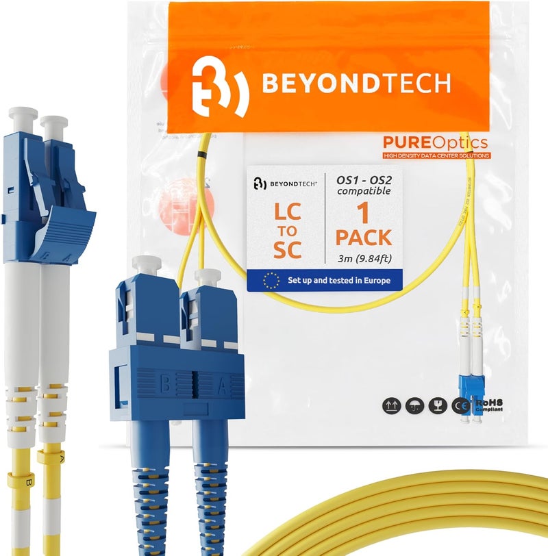 BEYONDTECH 3m (9.84ft) LC to SC Fiber Patch Cable – UPC Single-Mode Duplex Fiber Optic Cable – 9/125µm core, Compatible with OS1 & OS2 – LSZH PUREOptics Series - Image 1