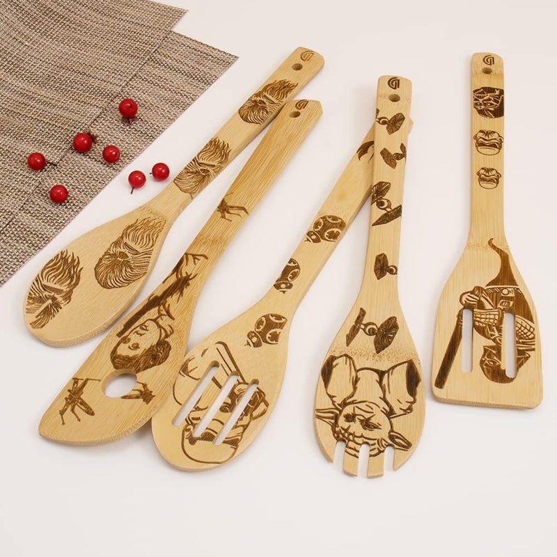 DaceStar 5 PCS Star War Burned Wooden Spoons Cooking Organic Spoons Turners Carved Spatulas Non-Stick for Cookware Kitchen Gadgets - Premium Quality Gifts for Housewarming and Wedding - Image 3
