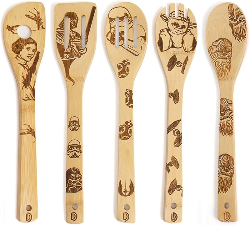 DaceStar 5 PCS Star War Burned Wooden Spoons Cooking Organic Spoons Turners Carved Spatulas Non-Stick for Cookware Kitchen Gadgets - Premium Quality Gifts for Housewarming and Wedding - Image 1