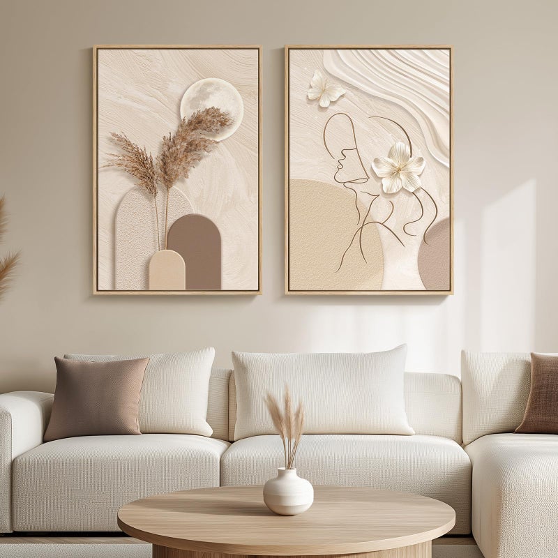 Cuspin Large Framed Neutral Abstract Wall Art for Living Room, 2 Piece Tan and Cream Beige Canvas Prints Paintings Artwork for Walls, Woman Silhouette Big Pictures for Bedroom Dining Room Office Wall Decor - Image 1