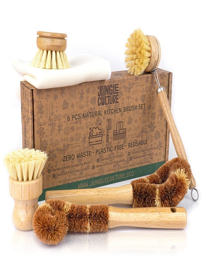 Jungle Culture® 6 Piece Natural Dish Brushes for Washing Up • Eco Dish Brush Kitchen Cleaning Set • Plant Based Coconut Scrubbers • Bottle/Pot Brush & Eco Friendly Scourer Sponge for Pans & Dishes - Image 1