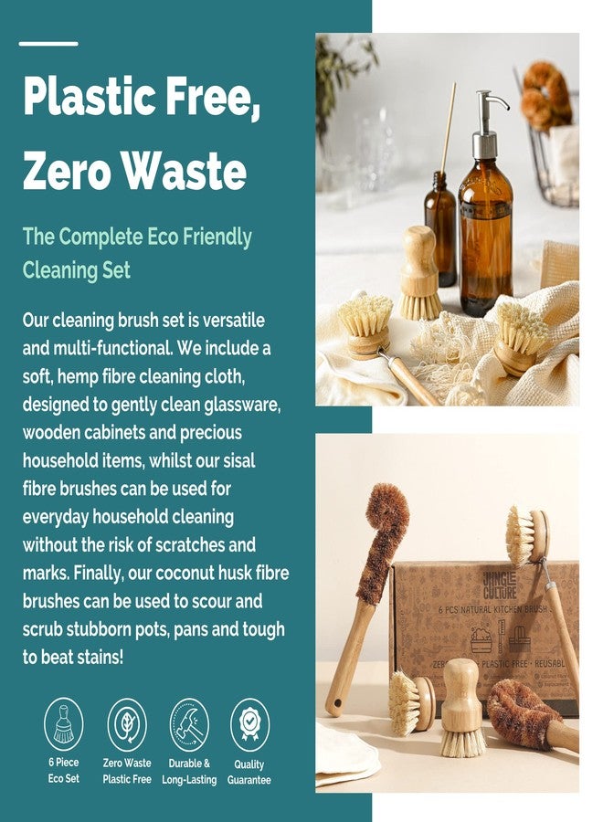 Jungle Culture® 6 Piece Natural Dish Brushes for Washing Up • Eco Dish Brush Kitchen Cleaning Set • Plant Based Coconut Scrubbers • Bottle/Pot Brush & Eco Friendly Scourer Sponge for Pans & Dishes - Image 5