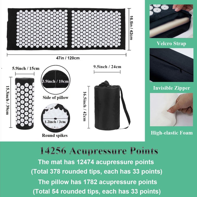 XiaoMaGe Acupressure Mat and Pillow Set with Bag - Extra Long Acupuncture Mat for Neck & Back Pain Relief- Naturally Relaxation Gift for Women - Stress Relief Massage Mat (Black) - Image 2
