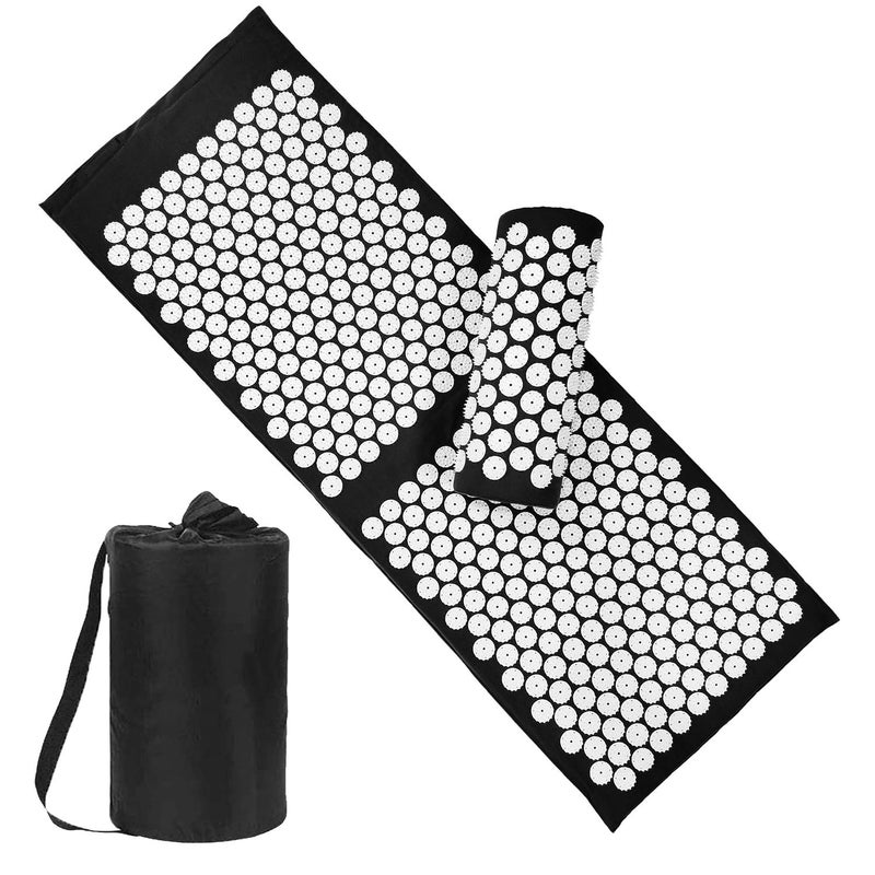 XiaoMaGe Acupressure Mat and Pillow Set with Bag - Extra Long Acupuncture Mat for Neck & Back Pain Relief- Naturally Relaxation Gift for Women - Stress Relief Massage Mat (Black) - Image 1