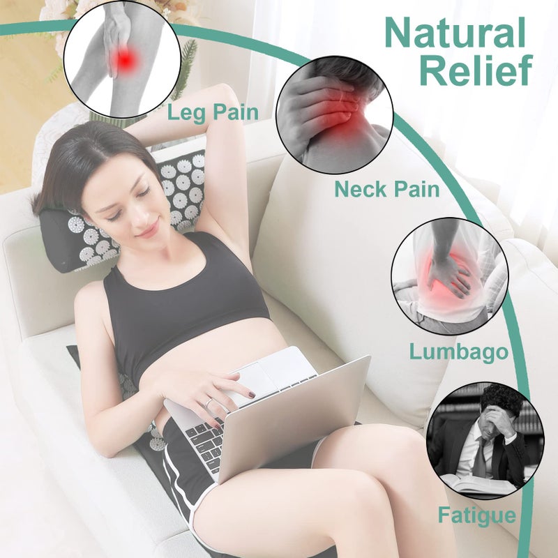 XiaoMaGe Acupressure Mat and Pillow Set with Bag - Extra Long Acupuncture Mat for Neck & Back Pain Relief- Naturally Relaxation Gift for Women - Stress Relief Massage Mat (Black) - Image 5