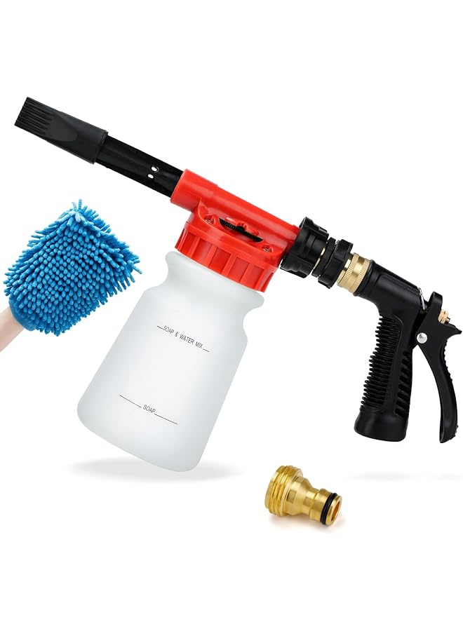 Excefore Car Wash Foam Gun With Adjustable Pressure And Concentration - Includes Brass Connector & Car Washing Mitts, Compatible With Most Garden Hoses (Red) - Image 1