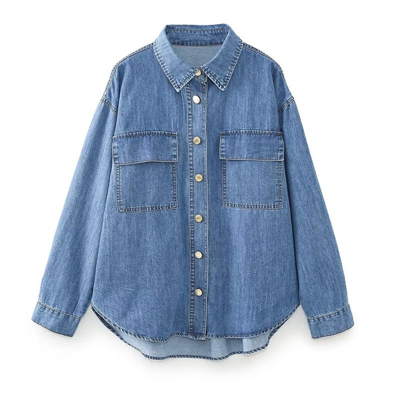 European and American Foreign trade 2023 autumn French retro top fashion casual loose patch bag decoration Denim shirt coat for women Blue