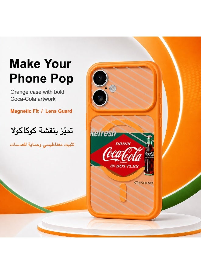 Coca-Cola iPhone 17 Magnetic Phone Case, Slim Protective Cover with Retro Bottle Artwork, Raised Camera Protection, Smooth Matte Finish, Orange - Image 1