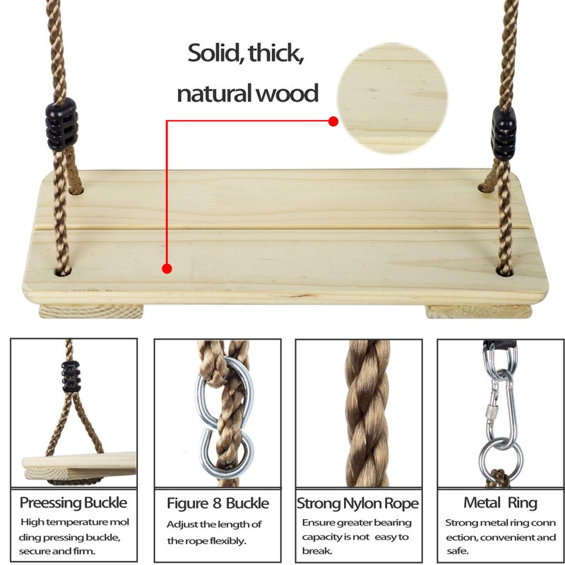 NOSTIFY Wooden Swing Seat, Nostalgic Outdoor Wood Swing for Kids, Tree Straps Set Accessories for Backyard Patio Garden Playground, Height Adjustable (Raw Wood) - Image 3