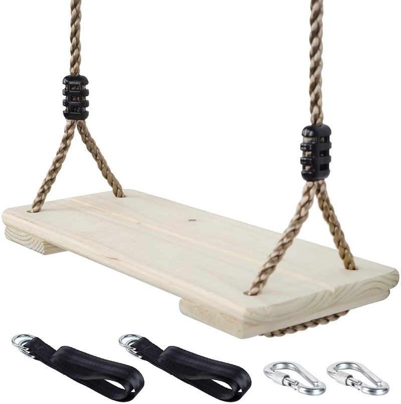 NOSTIFY Wooden Swing Seat, Nostalgic Outdoor Wood Swing for Kids, Tree Straps Set Accessories for Backyard Patio Garden Playground, Height Adjustable (Raw Wood) - Image 1