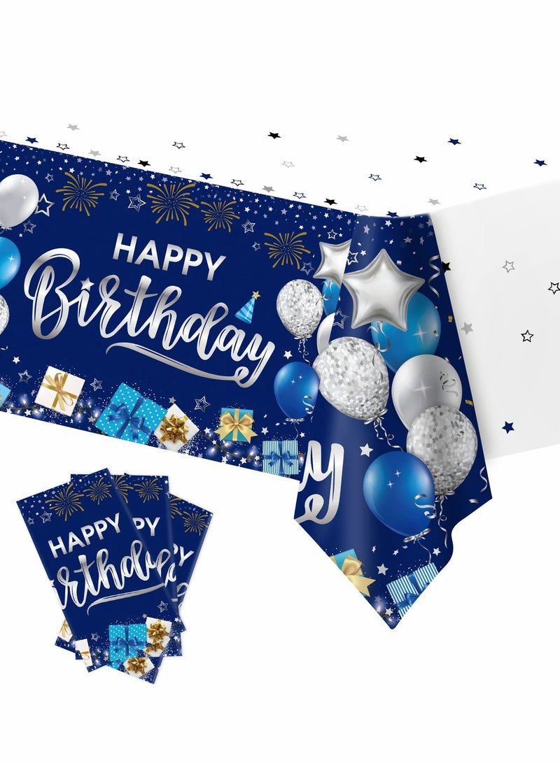 SYOSI Happy Birthday Decorations, 3 Pcs Navy Blue and Silver Birthday Tablecloth,54" x 108" Plastic Disposable Rectangle Table Cover for Birthday Party Supplies - Image 1