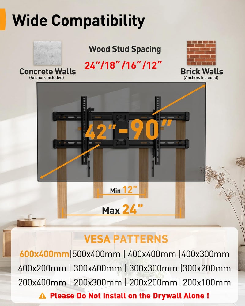 Perlegear Tilting TV Wall Mount for 42–90 Inch TVs with Leveling Adjustment, Low Profile TV Mount up to 132 lbs, Wall Mount Bracket Fits 12”/16”/18”/24” Wood Studs, Max VESA 600x400mm, PGLT9 - Image 2