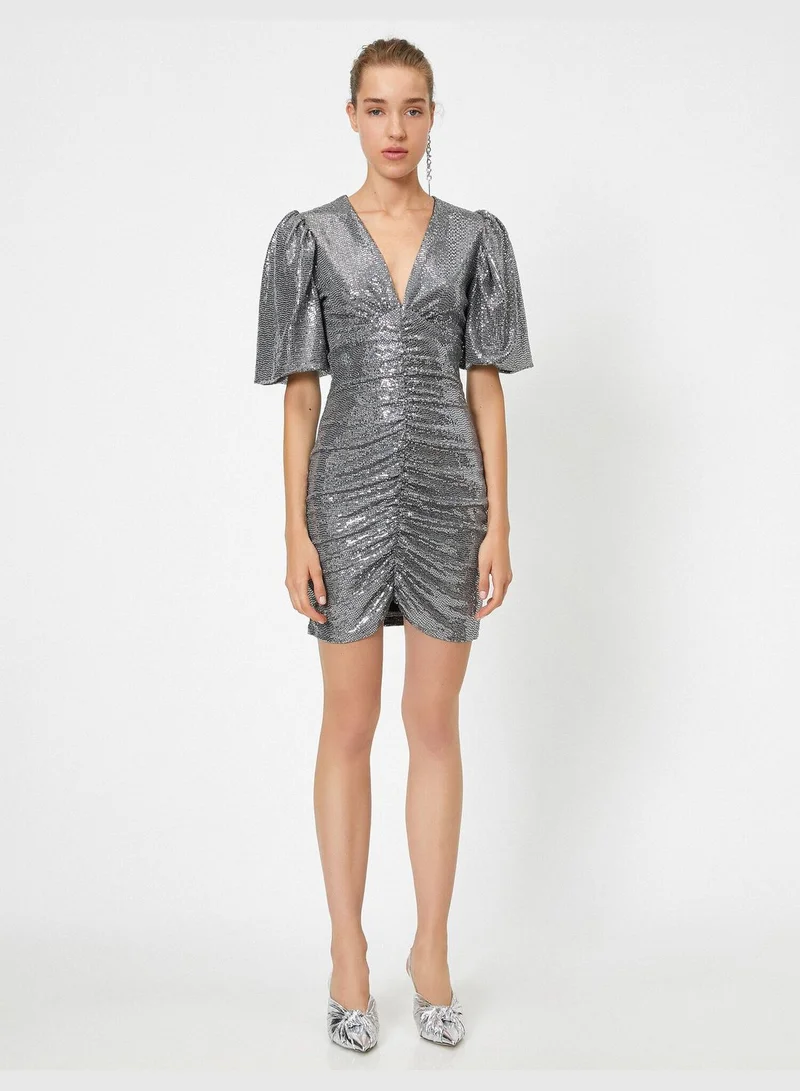 KOTON Short Sleeve V Neck Sequin Mini Dress