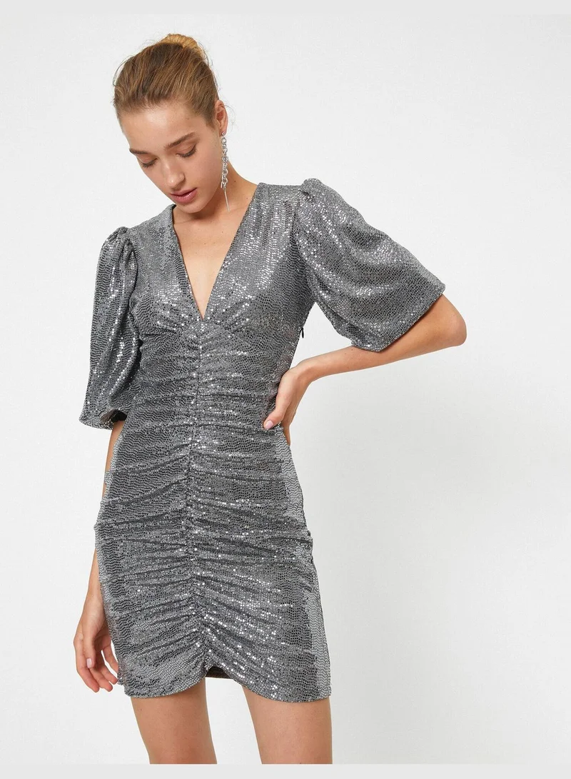 KOTON Short Sleeve V Neck Sequin Mini Dress