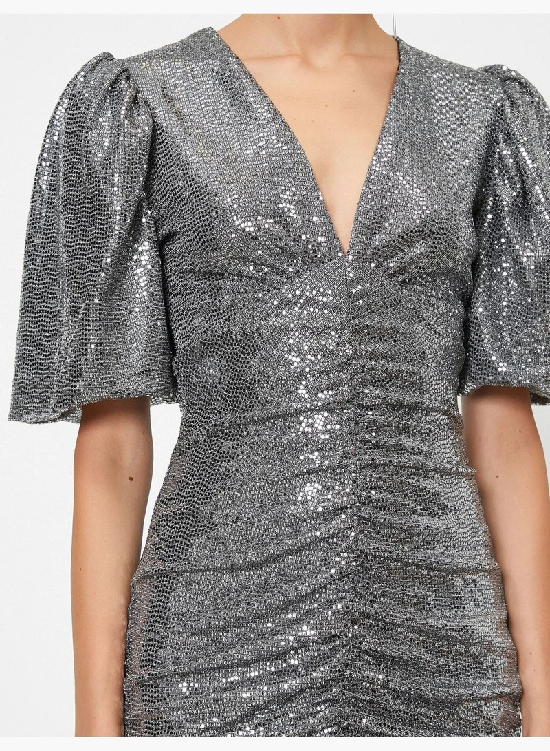 KOTON Short Sleeve V Neck Sequin Mini Dress