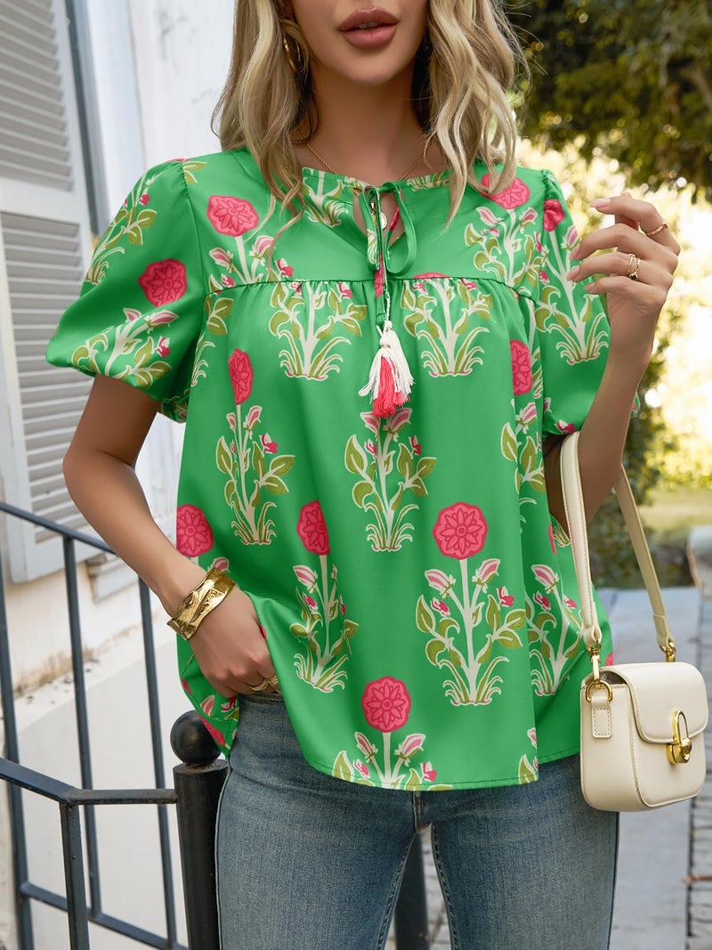 Cicy Bell Womens Boho Floral Blouses Short Puff Sleeve V Neck Babydoll Shirts Flowy Tie Front Tops Green - Image 3