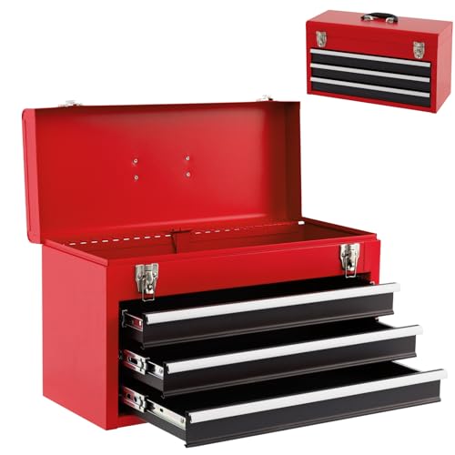 Goplus Tool Box with 3 Drawers, 4-Tier 20.5" Portable Tool Chest Organizer with Top Tool Tray, Auto Lock, Protective Liner, Handle, Steel Metal Small Toolbox for Gargae, Workshop, Home - Image 1