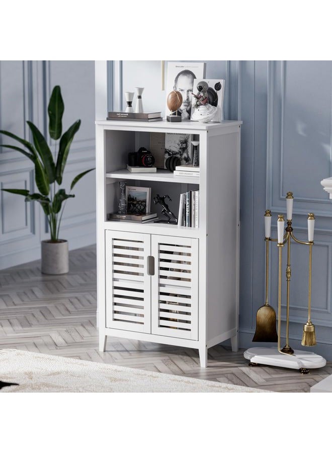 HITNET Bathroom Floor Storage Cabinet, Bamboo Freestanding Kitchen Organizer Rack with Double Doors and 2 Removable Shelves, White - Image 2