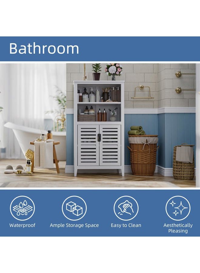 HITNET Bathroom Floor Storage Cabinet, Bamboo Freestanding Kitchen Organizer Rack with Double Doors and 2 Removable Shelves, White - Image 5