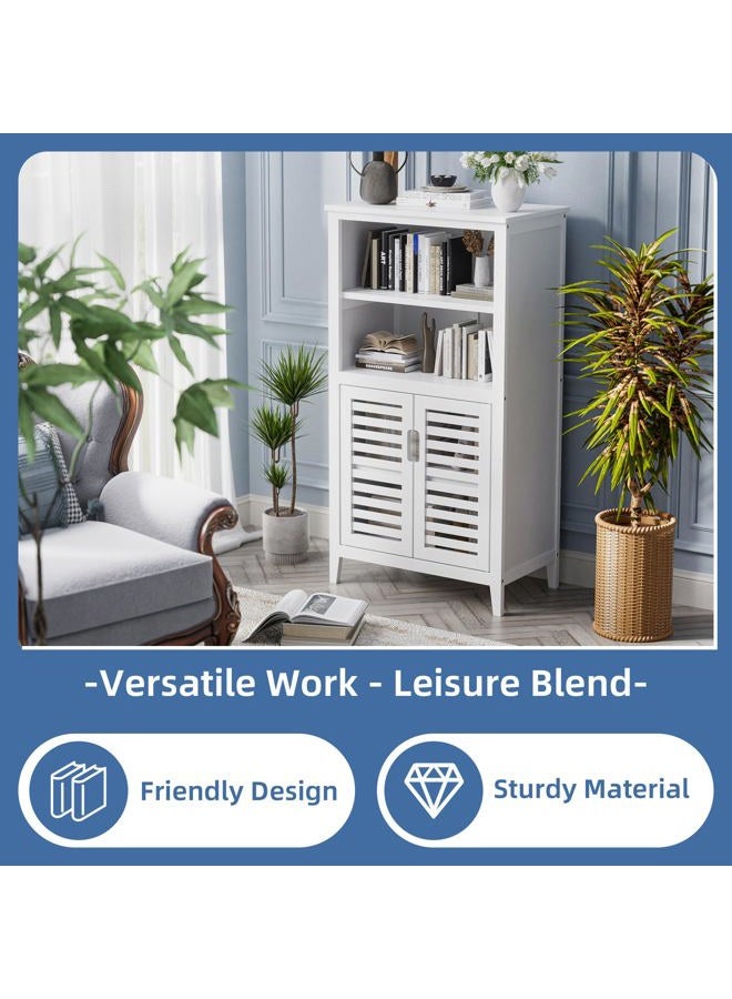 HITNET Bathroom Floor Storage Cabinet, Bamboo Freestanding Kitchen Organizer Rack with Double Doors and 2 Removable Shelves, White - Image 4