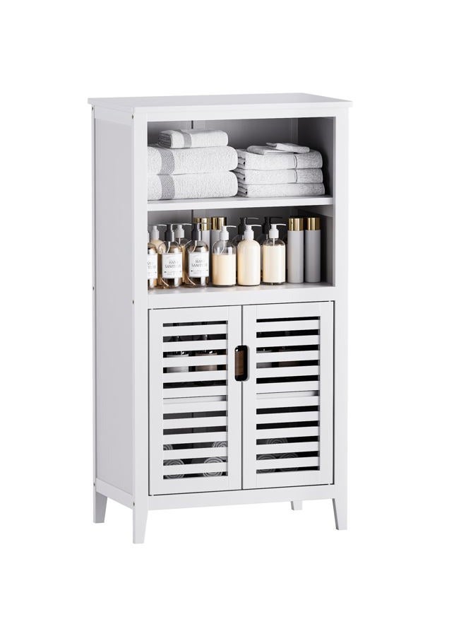 HITNET Bathroom Floor Storage Cabinet, Bamboo Freestanding Kitchen Organizer Rack with Double Doors and 2 Removable Shelves, White - Image 1