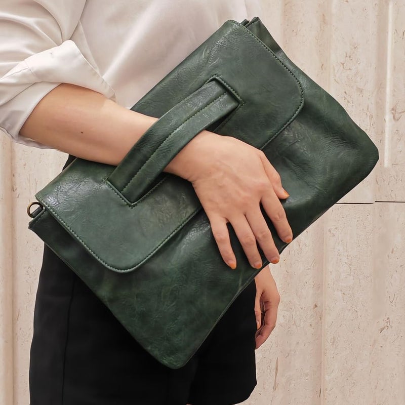 NIGEDU Women Handbags PU Leather Female Clutch Handbag Messenger Bag Large Solid High Capacity (Dark Green) - Image 3