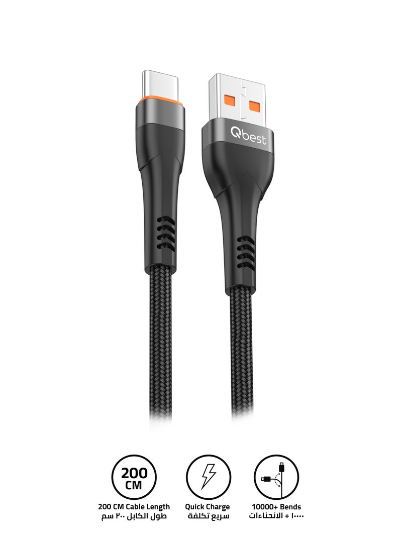 Qbest 60W Superfast Charging USB to Type C Cable 2M - High-Speed Data Transfer, Durable Nylon Design - Quick Charging for Android, Apple and USB Devices - Black - Image 1