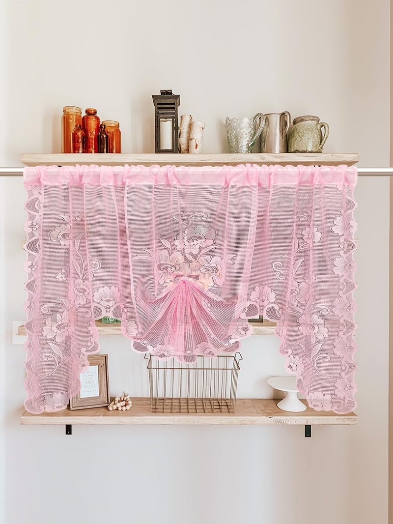 Jayla Pink Semi-Sheer Floral Lace Curtain Swag for Kitchen Half Window Bathroom Decoration Rod Pocket,39 x 39 Inch, 1 Panel - Image 3