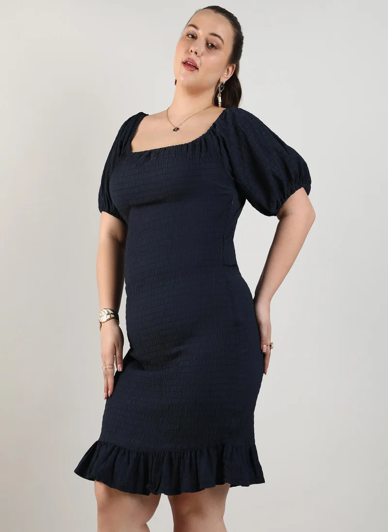 Instafab Plus Women's Navy Blue Ruched Ruffle Dress For Casual Wear | Square Neck | Short Sleeve | Pull On Closure | Plus-Size Dress Crafted With Comfort With For Everyday Wear