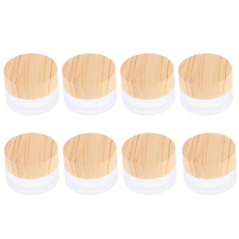 ConStore 8pcs Frosted Glass Cream Jar Bottle with Wood Grain Lid Refillable Mini Lotion Jars Empty Cosmetic Containers for Makeup Lip Balms Eyeshadow 5g