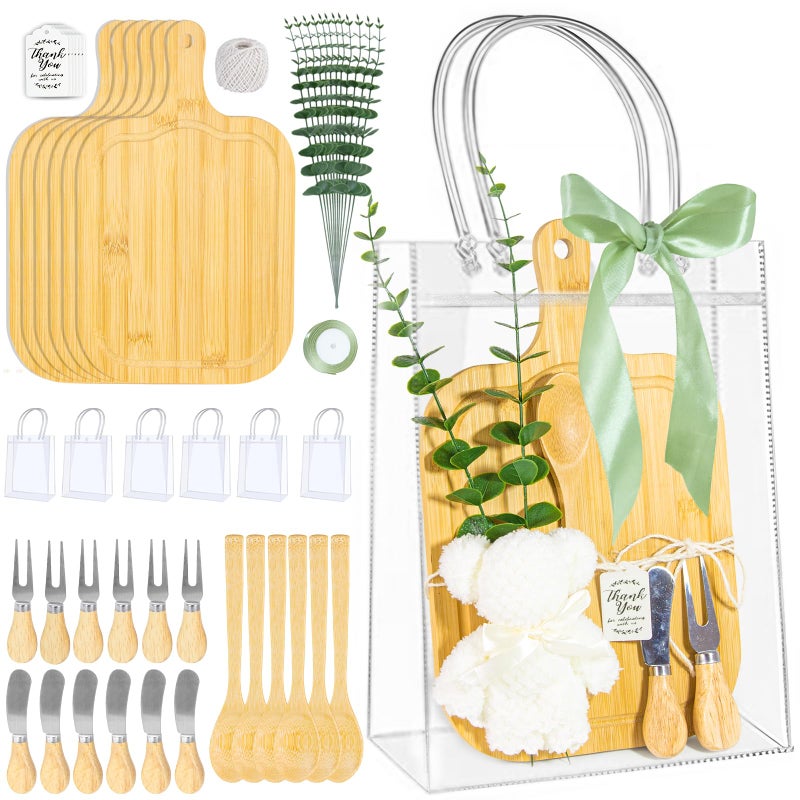 Krbnk 6 Sets Baby Shower Prizes for Game Winners - Bamboo Cheese Charcuterie Boards Set with Knife, Spoon, Towel & Gift Bags for Guests, Bridal Shower Favors - Image 1