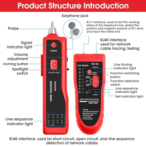 XIKKART Wire Tracker Network Cable Tester Kit with Passthrough RJ45 Cat7 Crimping Tool, Wire Stripper & Cutter, Punch Down Tool, 2 RJ45 Couplers, 20 Pass Through Connectors, 20 Boots, 2 x 9V Batteries - Image 3