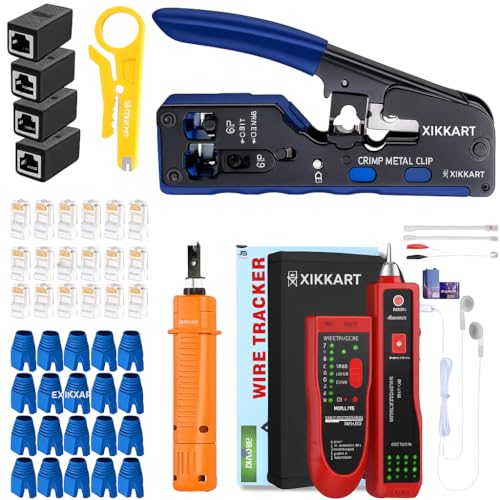 XIKKART Wire Tracker Network Cable Tester Kit with Passthrough RJ45 Cat7 Crimping Tool, Wire Stripper & Cutter, Punch Down Tool, 2 RJ45 Couplers, 20 Pass Through Connectors, 20 Boots, 2 x 9V Batteries - Image 1