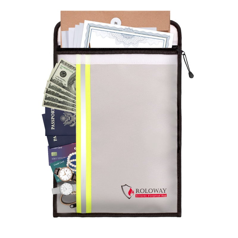 ROLOWAY Fireproof Document Bag 15 x 11 inch with 2 Pockets Fire Safe Envelope Bag for Cash Legal Documents Silver