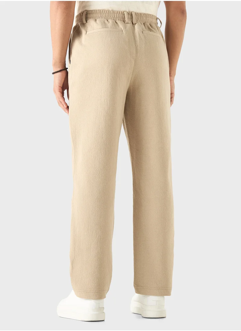 ايكونيك Iconic Textured Pants with Semi-Elasticated Waistb