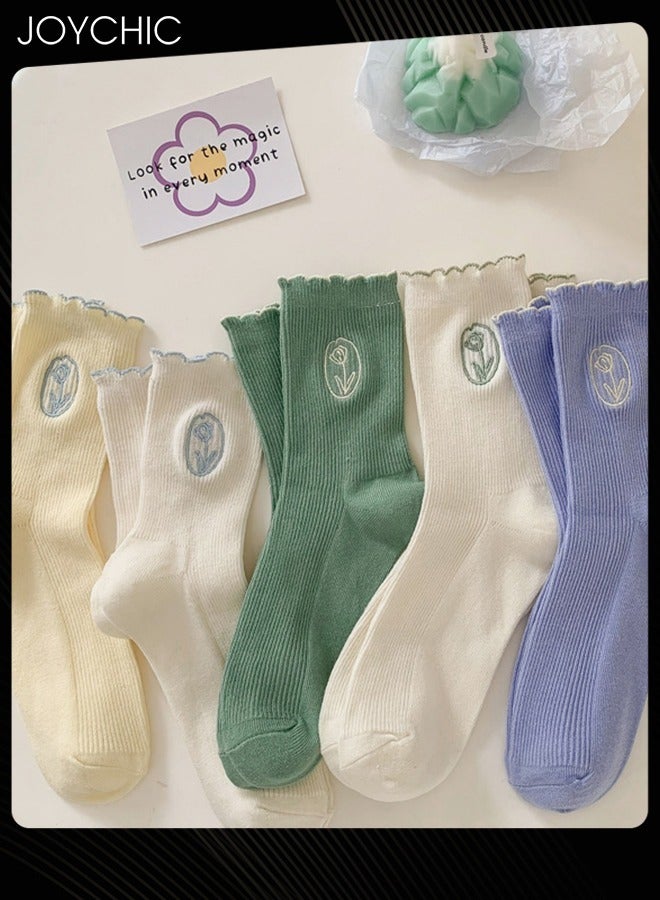 Joychic زوج من 5 جورب قطن كوري جديد بأسلوب الربيع والخريف بلون كريمي جورب نسائي مزين بتوليب مزدوج الإبرة - Image 1