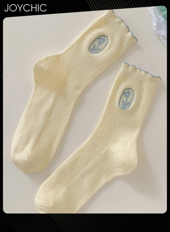 Joychic زوج من 5 جورب قطن كوري جديد بأسلوب الربيع والخريف بلون كريمي جورب نسائي مزين بتوليب مزدوج الإبرة - Image 2