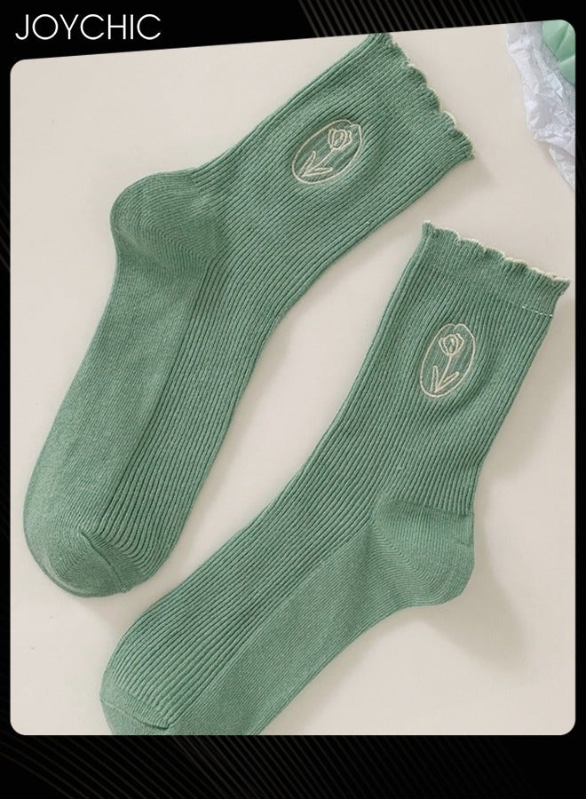 Joychic زوج من 5 جورب قطن كوري جديد بأسلوب الربيع والخريف بلون كريمي جورب نسائي مزين بتوليب مزدوج الإبرة - Image 3
