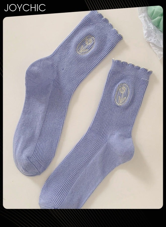 Joychic زوج من 5 جورب قطن كوري جديد بأسلوب الربيع والخريف بلون كريمي جورب نسائي مزين بتوليب مزدوج الإبرة - Image 5