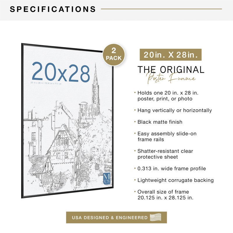 MCS Original Poster Frame 20x28 Black Lightweight Vertical & Horizontal Wall Hanging Large Picture Frame for Posters, Art Prints & Gallery Wall (2-Pack) - Image 3