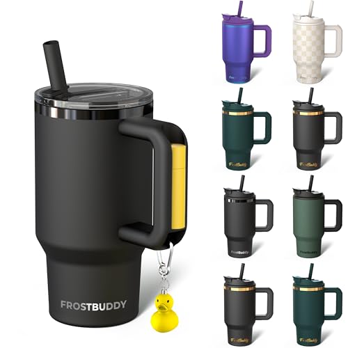 Frost Buddy Thicc Buddy 16 oz Stainless Steel Vacuum Insulated Tumbler with Lid and Straw for Water Travel Mug Cupholder Friendly Gifts for Women Men Him Her Black - Image 1